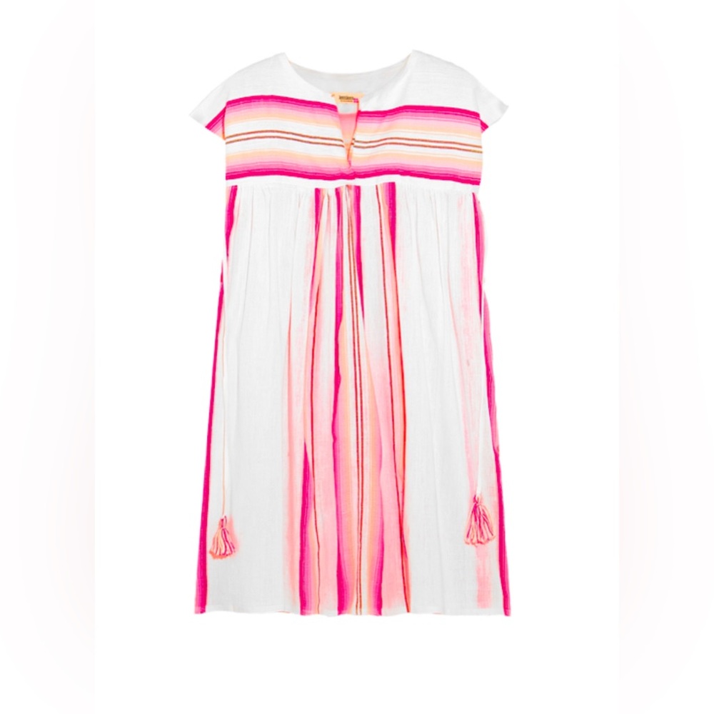 Lemlem White Neon Pink Striped Handwoven Caftan Dress